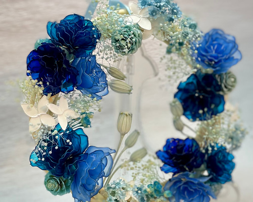 おまとめ 深海ブルーフラワーリース 雪上桜オーバルリース ディップ