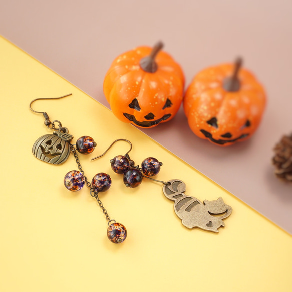 チェシャ猫とハロウィンかぼちゃ　イヤリング 3枚目の画像
