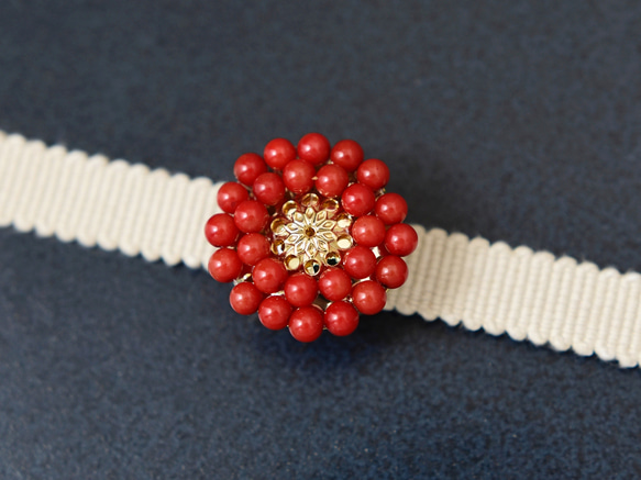 帯留め 】 赤珊瑚 アンティークレトロ お花 ・ 3月誕生石 ( 母の日