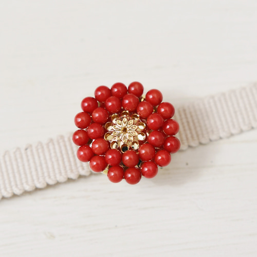帯留め 】 赤珊瑚 アンティークレトロ お花 ・ 3月誕生石 ( 母の日