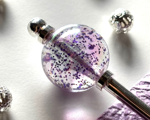 かんざし ラメ入りクリアビーズ 紫 パープル シルバー 一本挿し 一本簪