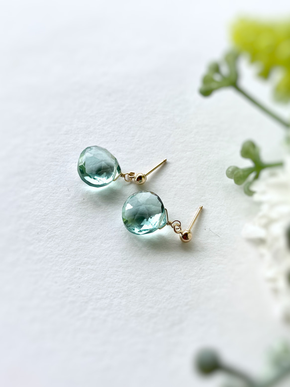 〜Sea green〜 Green Amethyst Quartz Earrings 14kgf 6枚目の画像