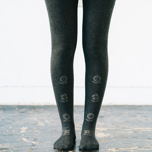 タイツ 綿 花柄 チャコール ウエストゴム調節 マタニティ対応可