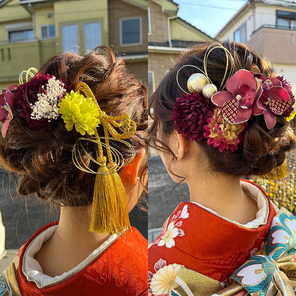 成人式・結婚式/胡蝶蘭とマムのヘッドドレス/造花 タッセルリボン 水引き 髪飾り/パープル 紫[wa123wn] 9枚目の画像