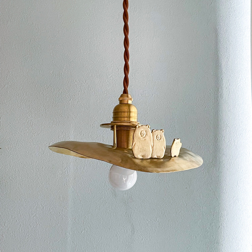 受注製作 山小屋ライト「クマの親子」ペンダントライト 真鍮 ランプ