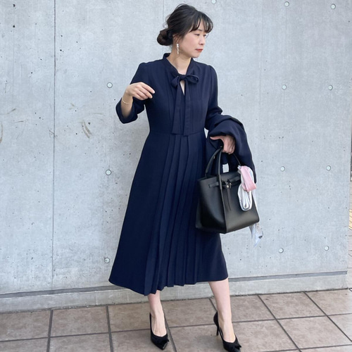 ジョーゼット ボウタイプリーツフレアワンピース紺【M】卒業式