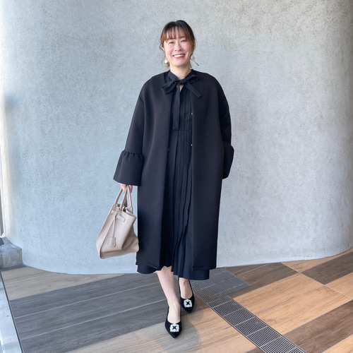 SALE 40%off□ジョーゼット ボウタイプリーツフレアワンピース黒 SALE 40%off□ジョーゼット ボウタイプリーツフレアワンピース黒