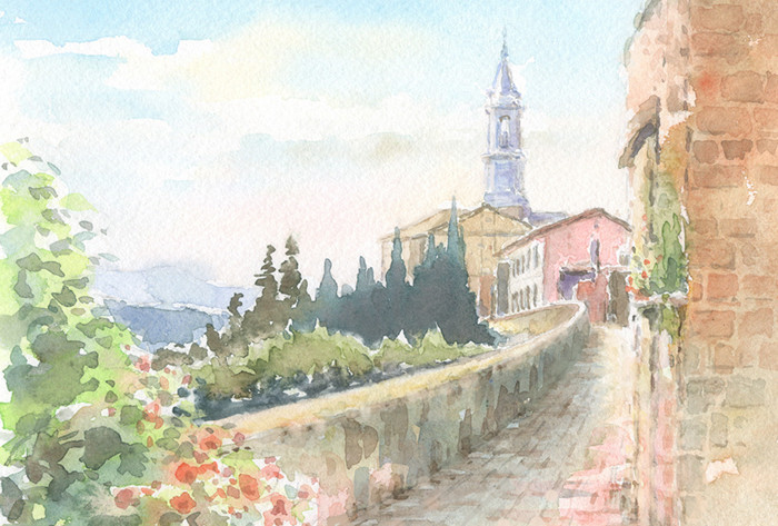 水彩アート「春の交差点」手描き、1点物、真筆。 【公式通販】