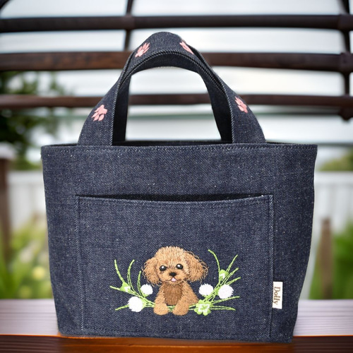 クローバーとブラウントイプードル刺しゅう ミニトートバッグ