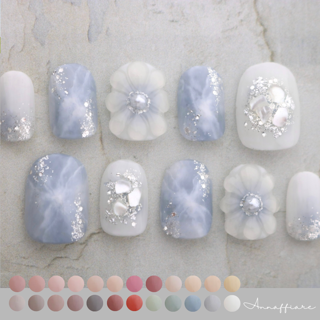 色が選べる♡ぷっくりフラワーの天然石風ネイルチップ　/Annaffiare   成人式　マムシ爪　サムシングブルー