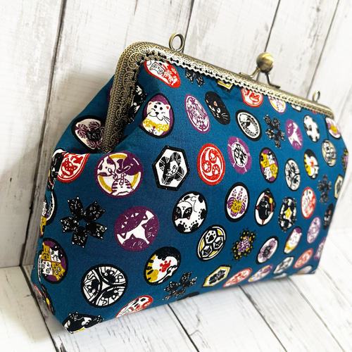 家紋柄 がま口バッグ ショルダー紐付き ハンドメイド 和