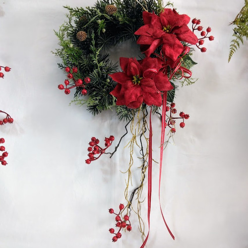 深紅ポインセチアとサンキライのクリスマスリース ax604 アーティ
