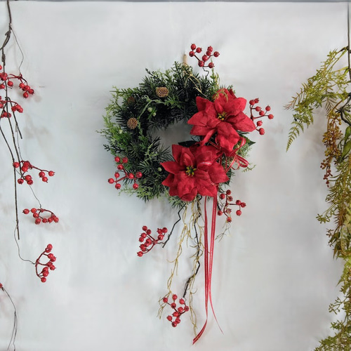 深紅ポインセチアとサンキライのクリスマスリース ax604 アーティ
