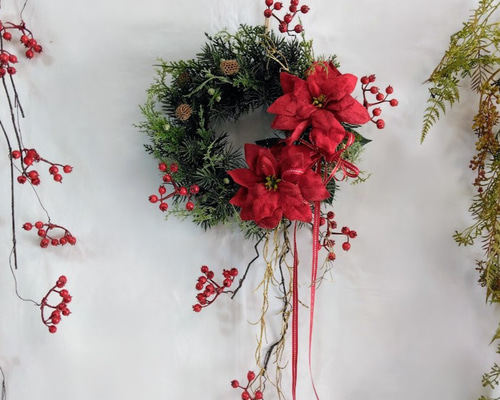 深紅ポインセチアとサンキライのクリスマスリース ax604 アーティ