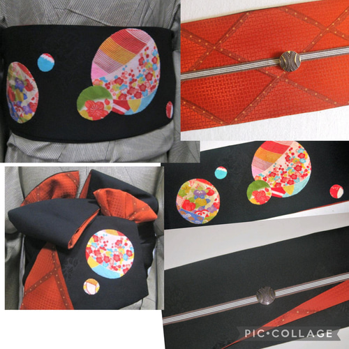 1点物【新品】正絹半幅帯・(金紗縮緬のアップリケ)黒と朱赤