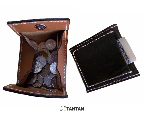 ボックス型のコインケース《受注生産》　手縫い本革の大きめのコインケース　使いやすいポケット付きコインケース　ブラック 4枚目の画像