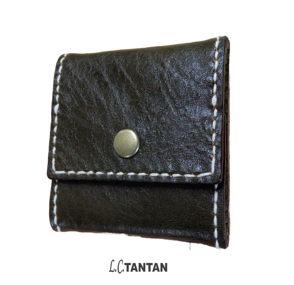 ボックス型のコインケース《受注生産》　手縫い本革の大きめのコインケース　使いやすいポケット付コインケース　ダークグリーン 1枚目の画像