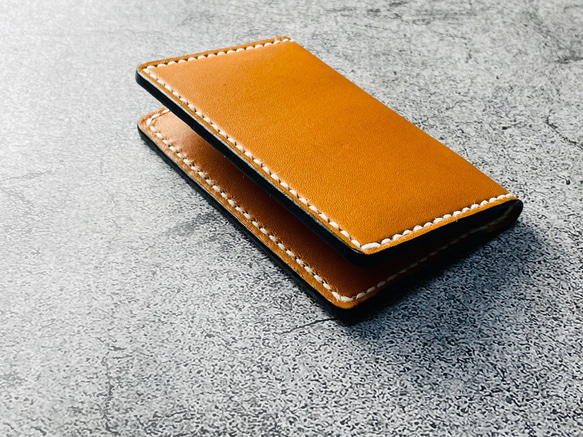 手縫】本革名刺入れケース（キャメル色革×黒縁）生成りステッチ 名刺
