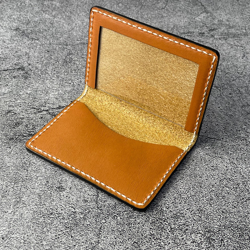 手縫】本革窓付きカードケース（キャメル色革×黒縁）生成り糸【免許証