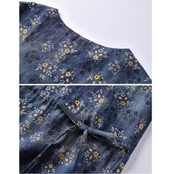 リネンワンピース　長袖ワンピース　花柄プリント　レース襟　ウエスト紐　ブルー　4サイズ　LC005 8枚目の画像