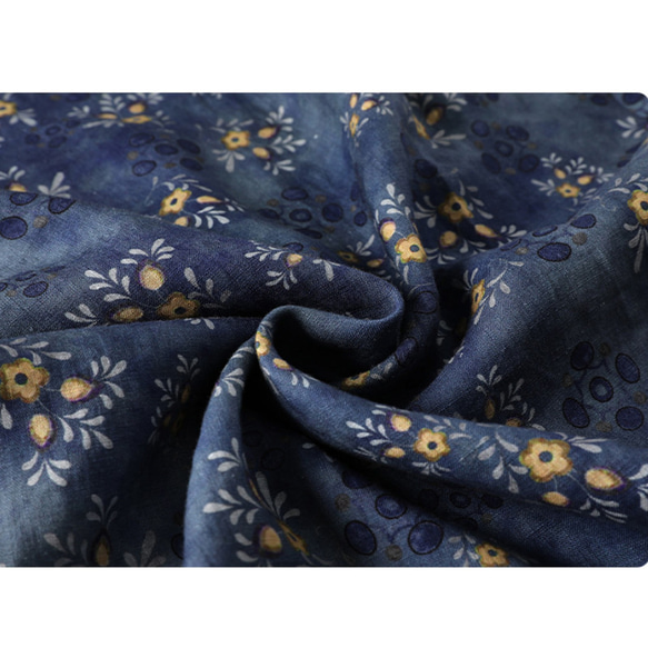 リネンワンピース　長袖ワンピース　花柄プリント　レース襟　ウエスト紐　ブルー　4サイズ　LC005 9枚目の画像