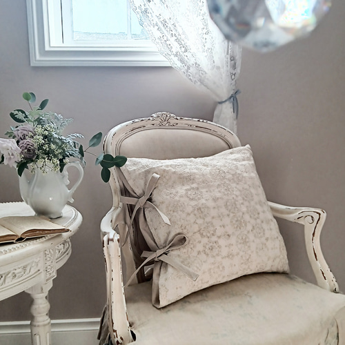 アンティーク フレンチ花柄薔薇ファブリックリネン ヘム刺繍グレークッションカバー クッションカバー 花柄 45cm おしゃれ かわいい 刺繍 レース