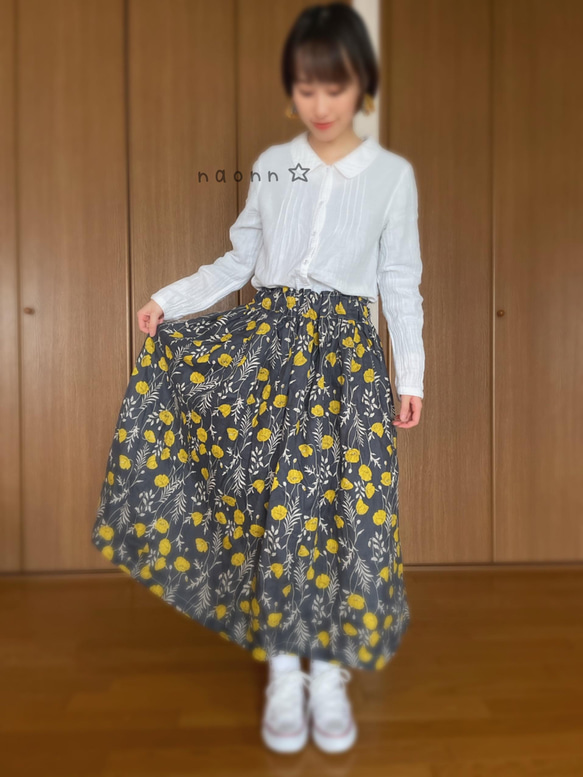 リネン花柄スカート(yellow) 1枚目の画像