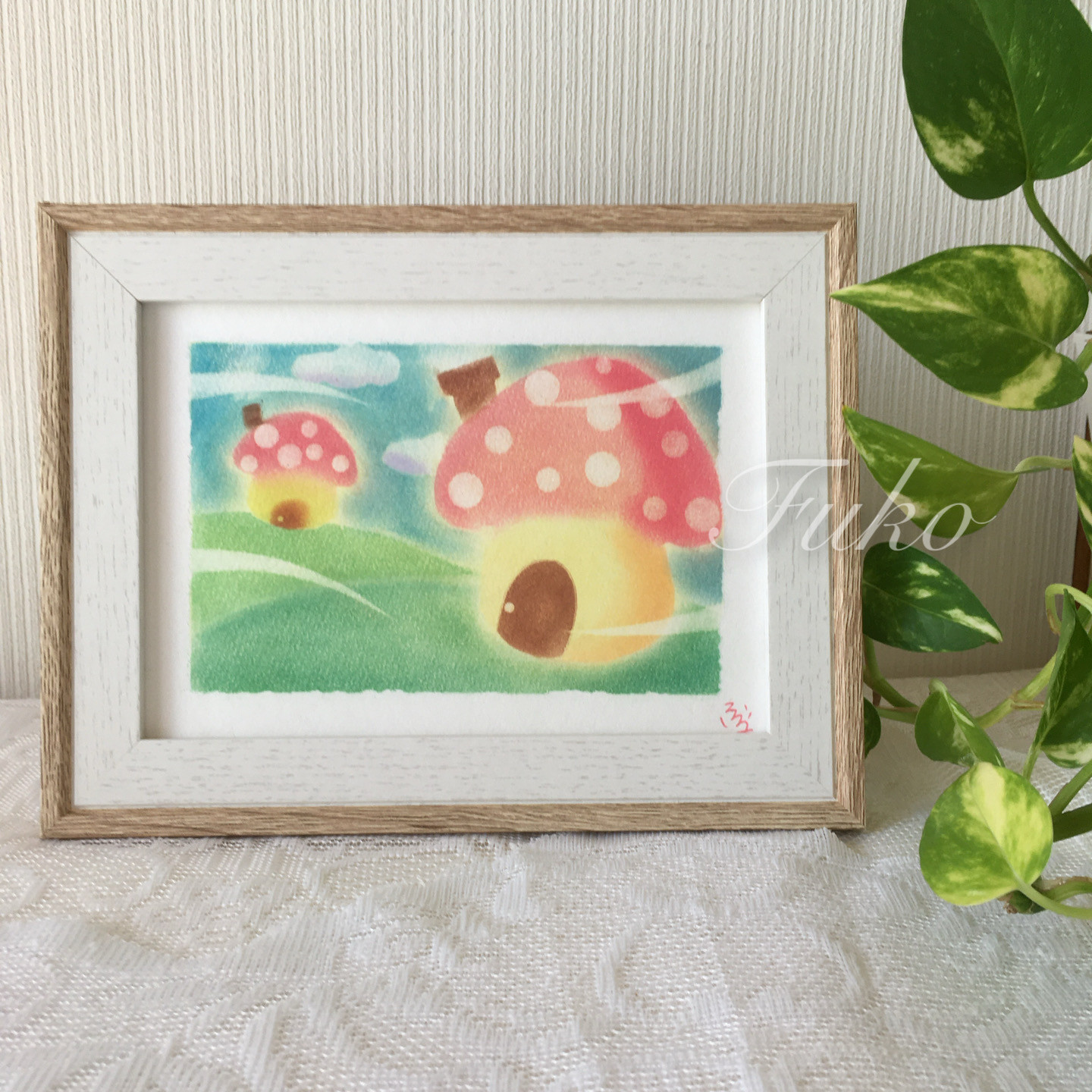 キャンバスアート【きのこにゃん】オイルパステル画 73cfe50edb879b6b9161933c849184