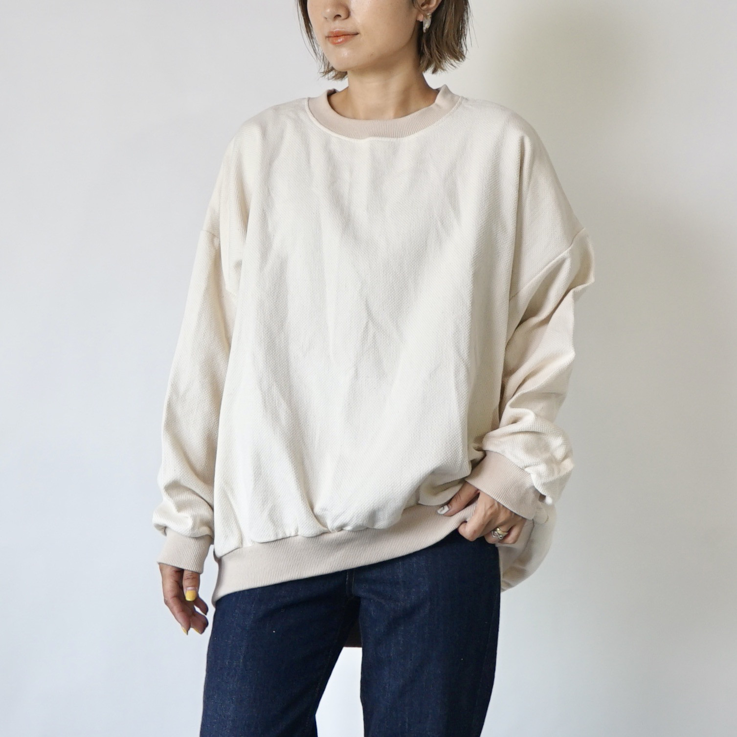 刺し子織ラウンドトレーナー/生成り/三河木綿