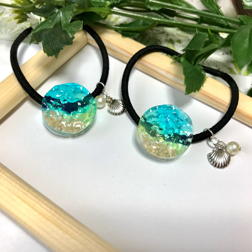 夏のグリーン六角形レジンヘアゴム ポニーフック変更可能。