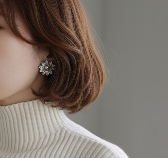 お呼ばれにも◎マーガレット・グレー　ビーズフラワーピアス(イヤリング) 10枚目の画像