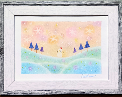 冬支度　ハンドメイドパステル画　絵画アート原画 冬のパステルアート 雪だるまと彩りの雪の丘 パステル画原画 絵画 T's