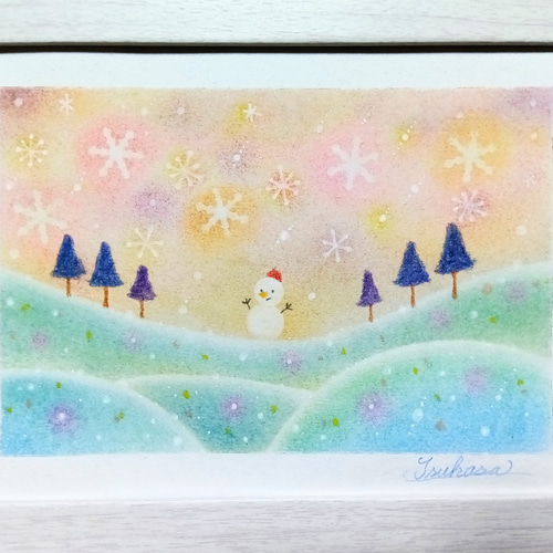 冬のパステルアート 雪だるまと彩りの雪の丘 パステル画原画 絵画 T's