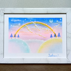 冬のパステルアート 天使舞う星と雪のホワイト・クリスマス パステル画