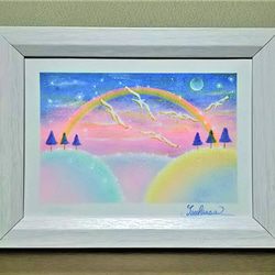 海とイルカのパステルアート 白イルカと月明かり パステル原画 絵画