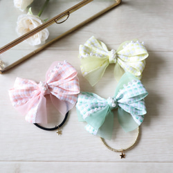 押し花うさぎのヘアゴム ハンドメイド レジン カーキ グリーン リボン お花 緑 ヘアゴム レジン うさぎ ベビー キッズ ハンドメイド ドライ