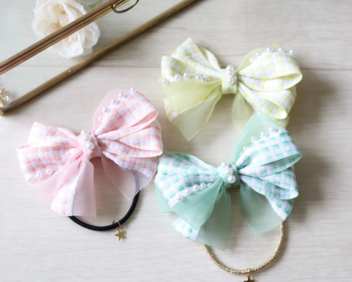 【オーダー♡チェックダブルリボン】ヘアクリップ　ヘアゴム　ベビー　キッズ オーダー♡チェックダブルリボン】ヘアクリップ ヘアゴム ベビー