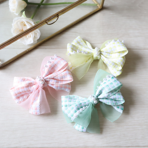 チェックオーガンジーミックスリボン ヘアゴム ヘアクリップ パール