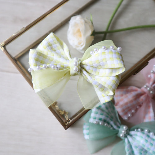 チェックオーガンジーミックスリボン ヘアゴム ヘアクリップ パール