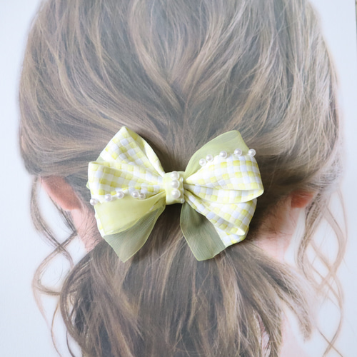 チェックオーガンジーミックスリボン ヘアゴム ヘアクリップ パール