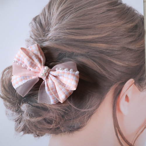 チェックオーガンジーミックスリボン ヘアゴム ヘアクリップ パール