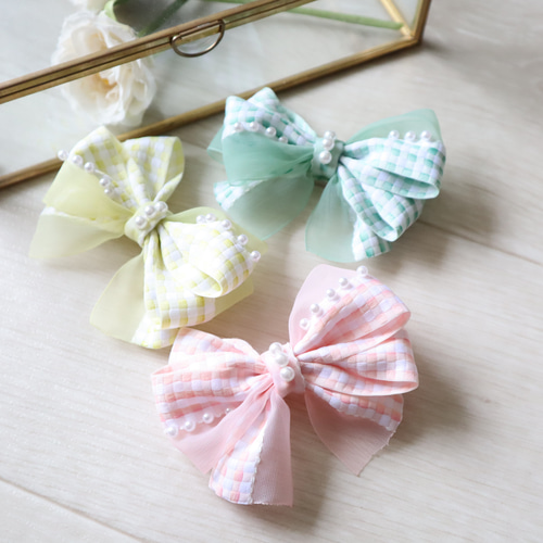 チェックオーガンジーミックスリボン ヘアゴム ヘアクリップ パール