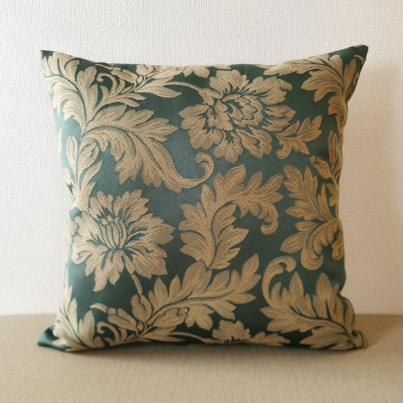 おしゃれな大柄の花模様 緑青色 クッションカバー 45×45