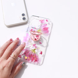 スマホケース全機種対応 ピンク 押し花 ショルダーストラップ iPhone Android ドライフラワー 名入れ 8枚目の画像