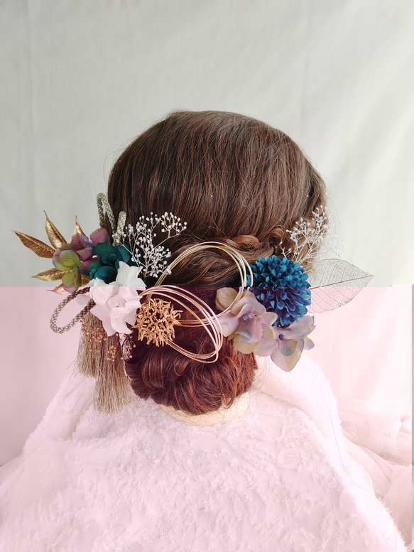 つまみ細工髪飾り 成人式 卒業式 晴れ着 前撮り 袴 着物 振袖 和装 青