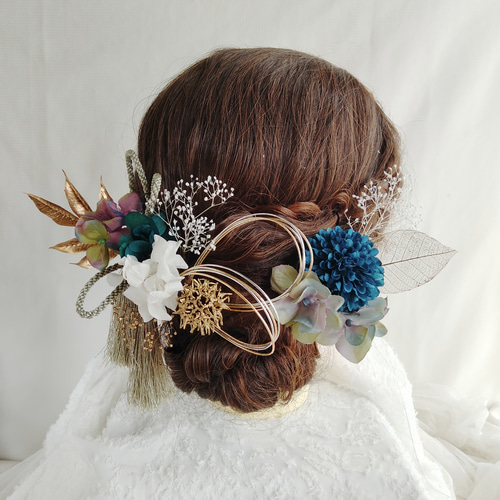 ターコイズブルーのゴールドリーフの髪飾り 青緑 成人式 卒業式 結婚式