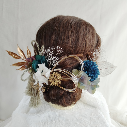 ターコイズブルーのゴールドリーフの髪飾り 青緑 成人式 卒業式 結婚式