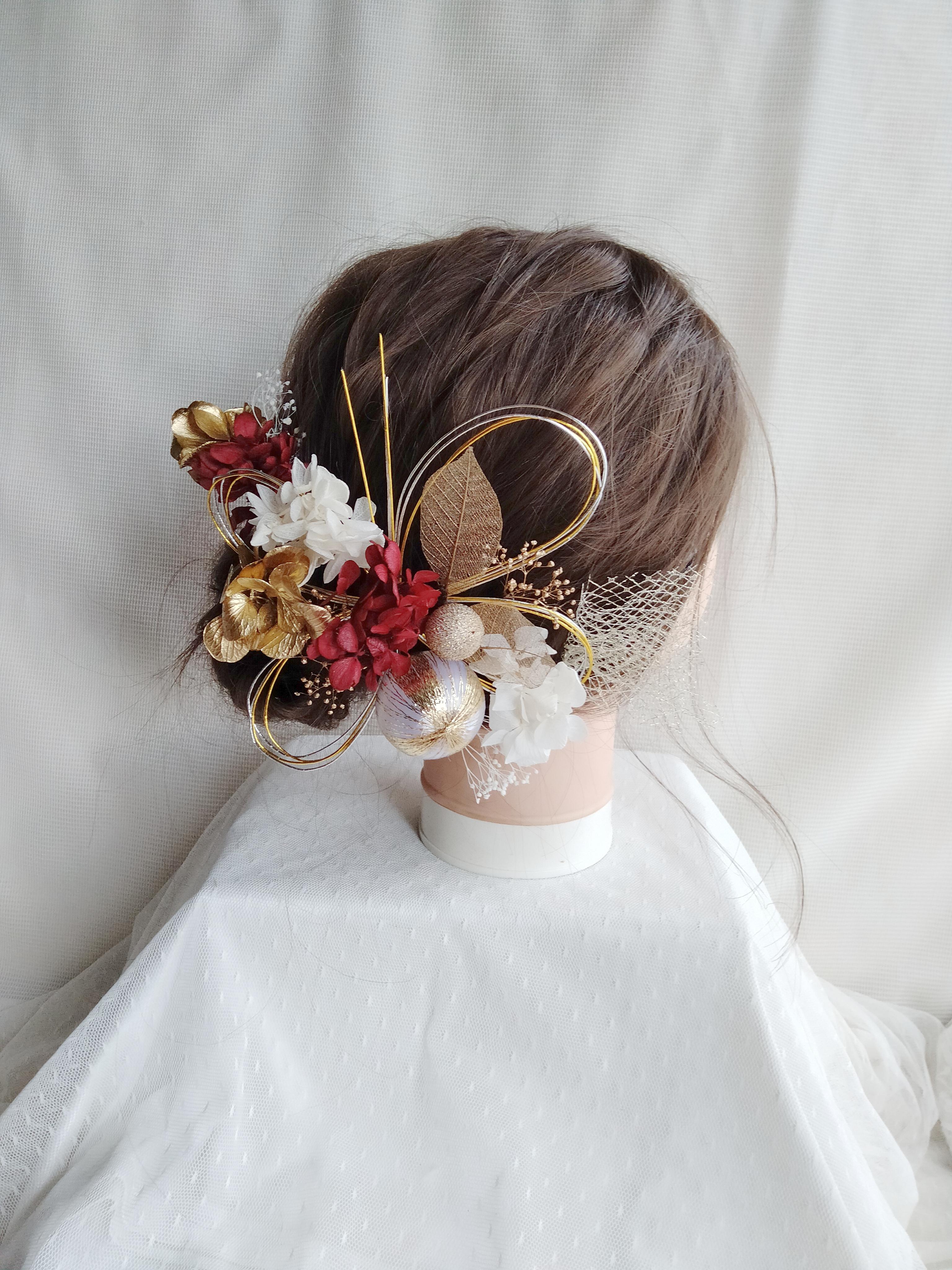 水引と和玉の三色の髪飾り　卒業式　成人式　結婚式　ドライフラワー　プリザーブドフラワー