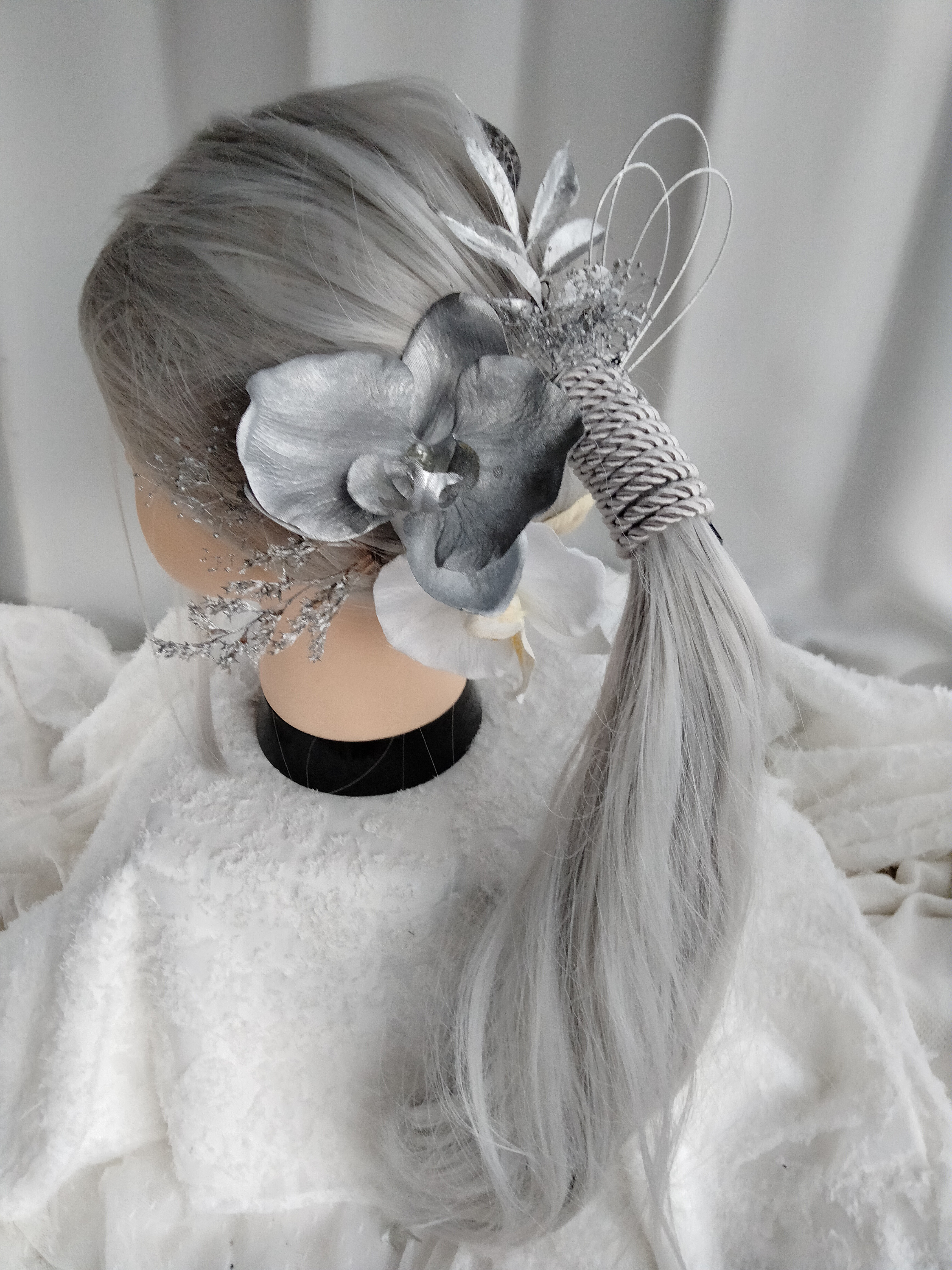 【グレードアップ/銀箔2枚/簪】髪飾り　成人式　白　黒　ゴールド　シルバー　水引 豪華】 髪飾り 成人式 卒業式 結婚式 黒 ゴールド シルバー 水引