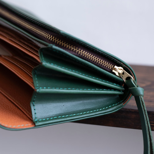 大容量 姫路産アラバスタレザー マチの大きいお財布 本革 グリーン